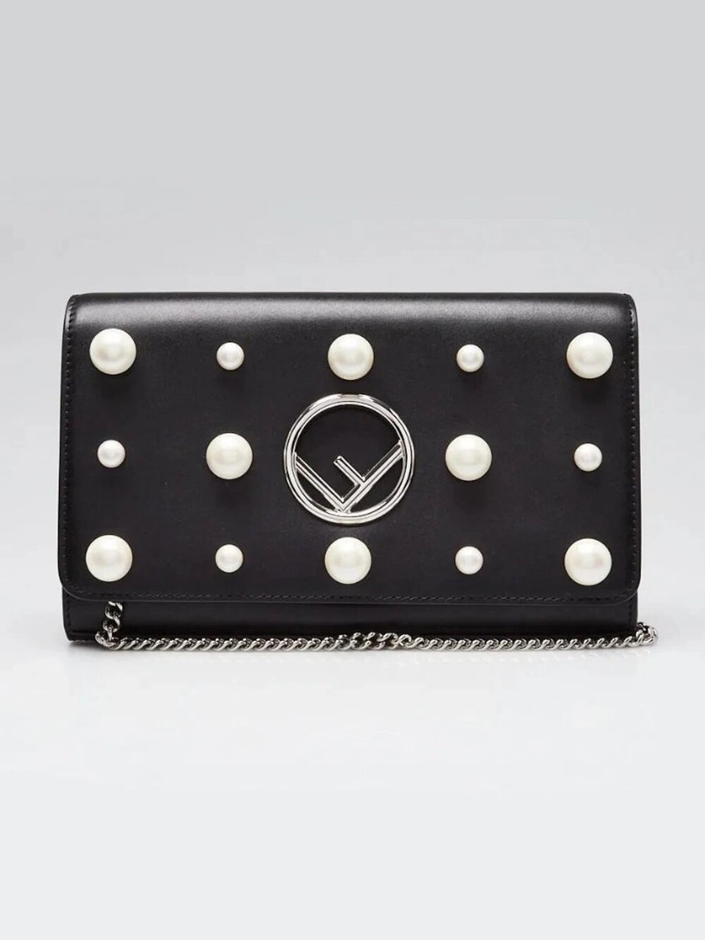Fendi Black Leather Faux Pearl Wallet On Chain Clutch Bag 8BS004